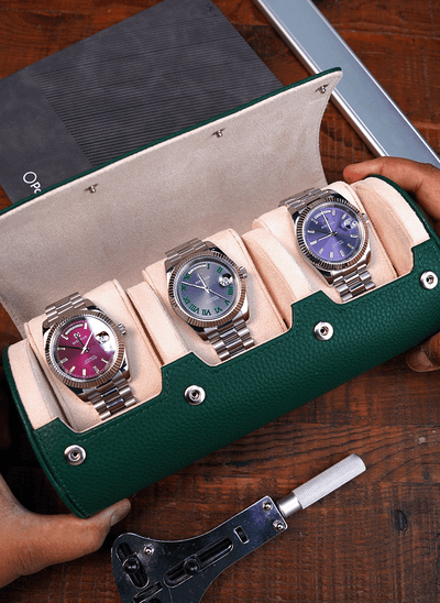 Astuccio verde per orologi – Tre orologi